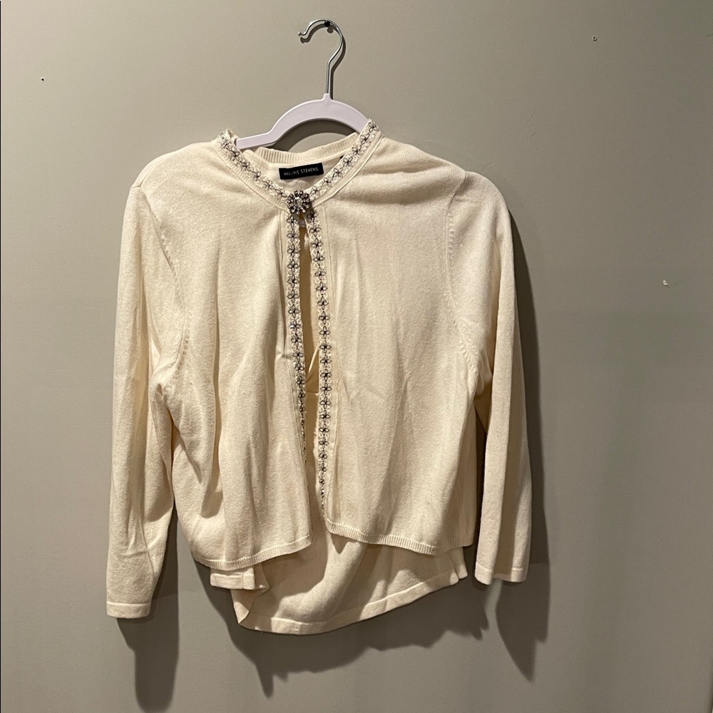 2-Piece St. John Cream Beaded Cardigan Set